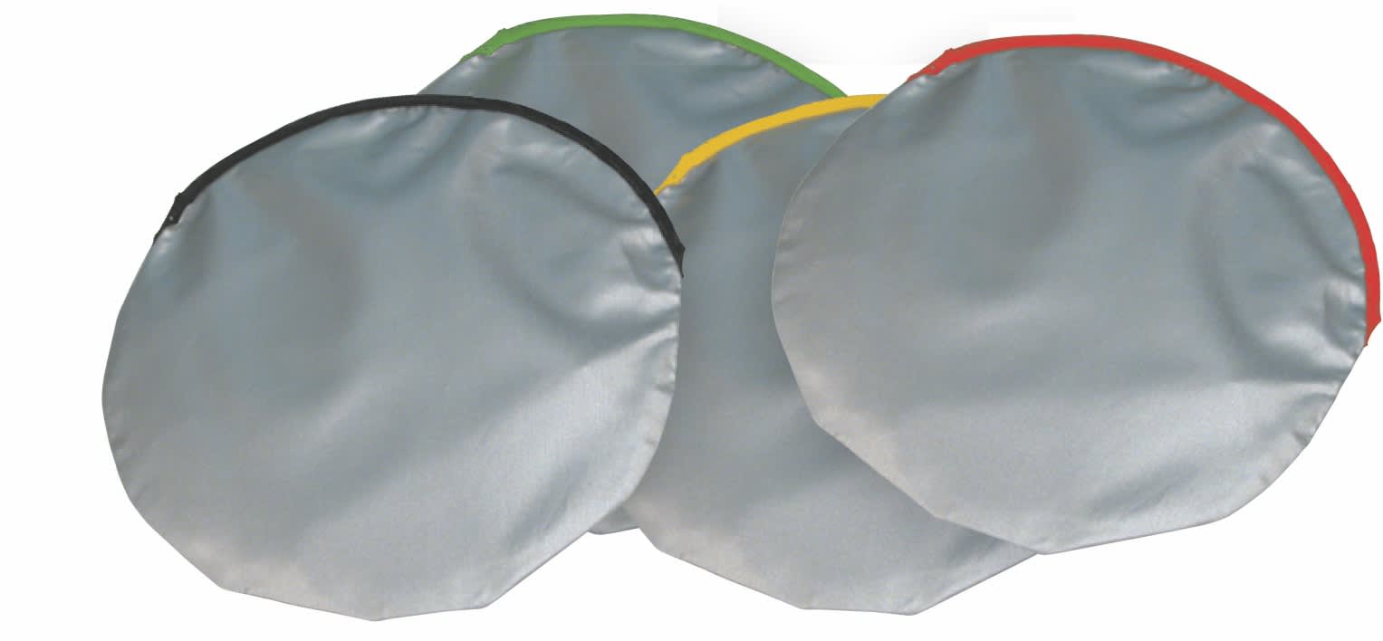 Three round sunshades in grey, with accents of black, green, yellow, and red, featuring a logo.