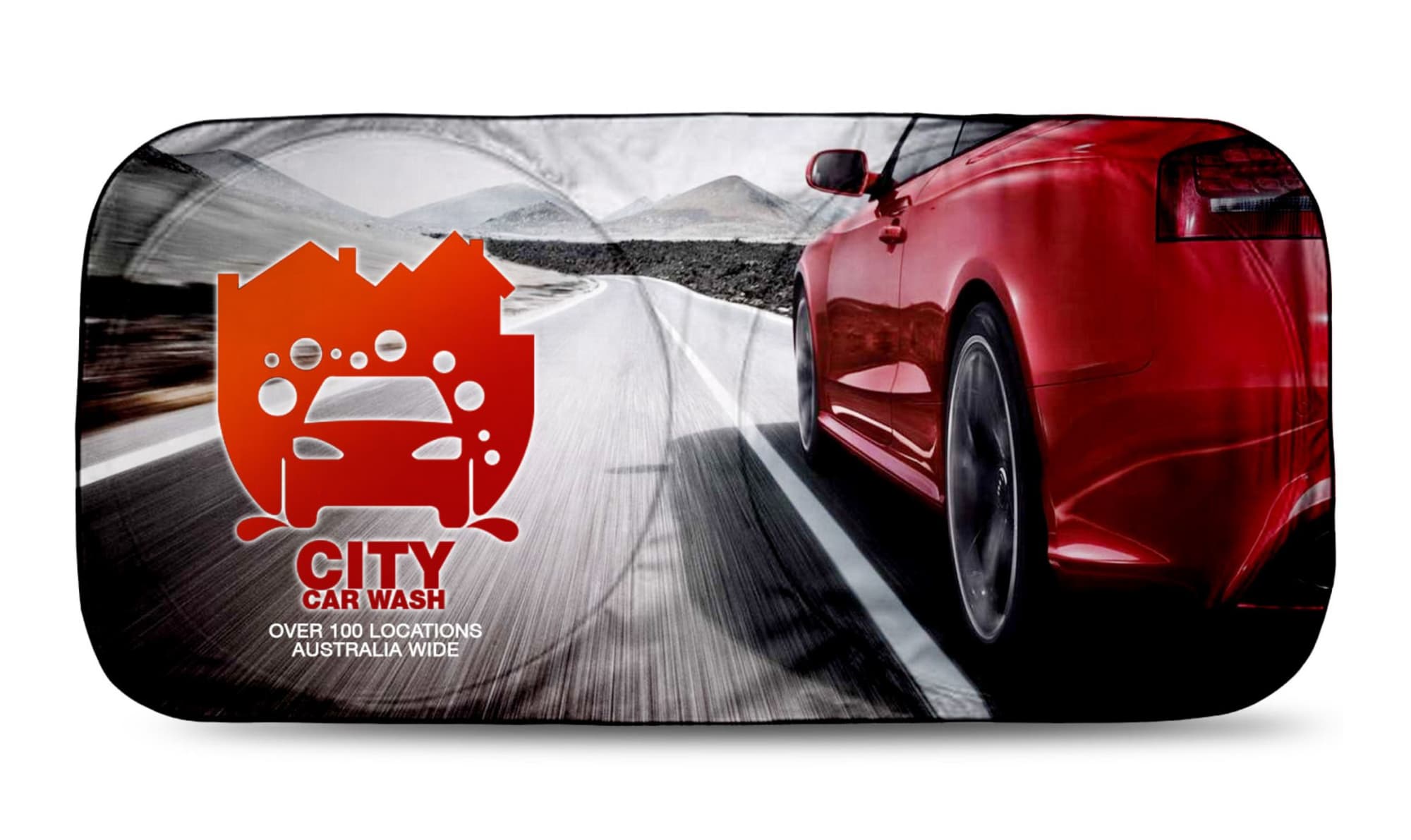A full colour sunshade featuring a red car on a scenic road with a logo. Dominant colours are red and grey.