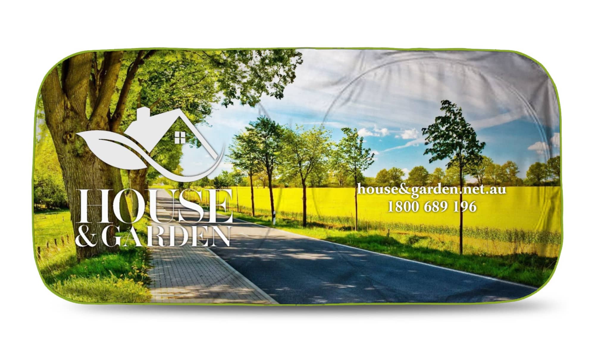 A full-colour sunshade featuring a scenic landscape with trees and a road, predominantly in green and yellow tones.