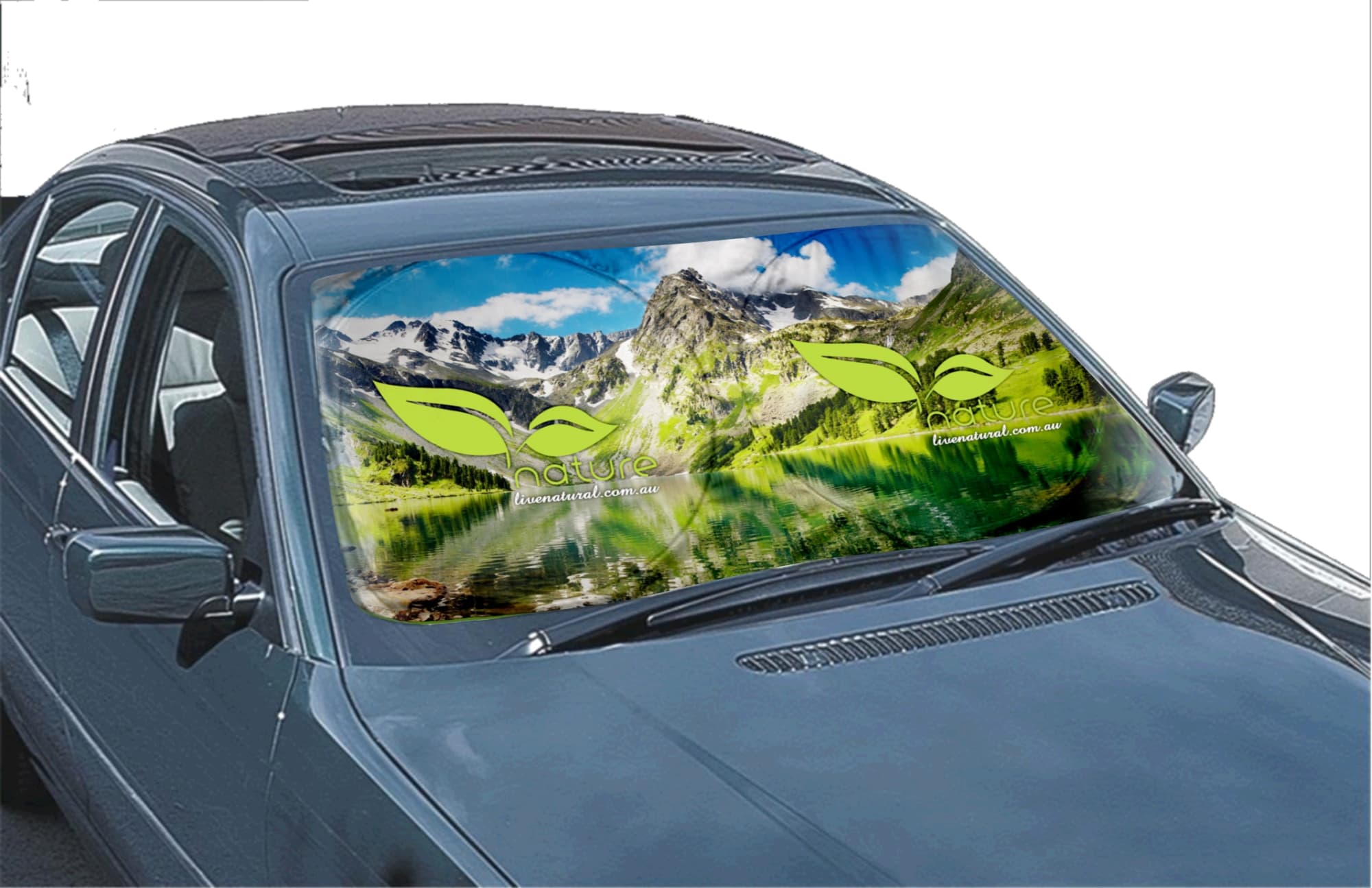 A car sunshade featuring a full-colour natural landscape design with green leaf branding.