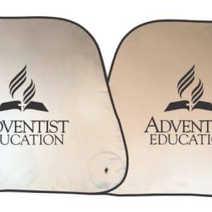 A silver sunshade with a black trim and logo, featuring a stylised book and flame design.