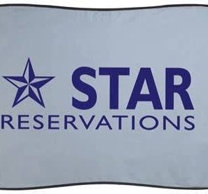 A light blue auto sunshade with a black border and a logo featuring the word "STAR RESERVATIONS".