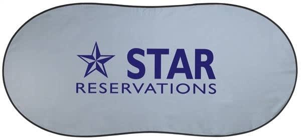 A light blue auto sunshade with a black border and a logo featuring the word 
