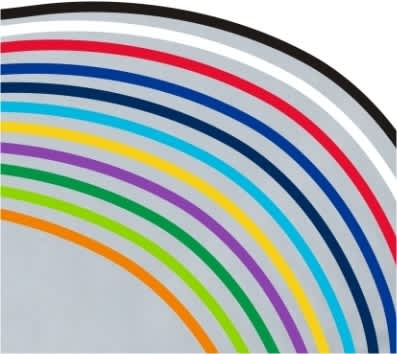 A range of coloured stripes in red, blue, green, yellow, black, white, and orange on a grey background.