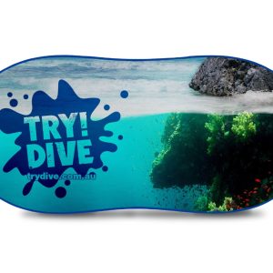 A full-colour auto sunshade featuring an underwater scene with vibrant fish and a rocky landscape. It has a logo.