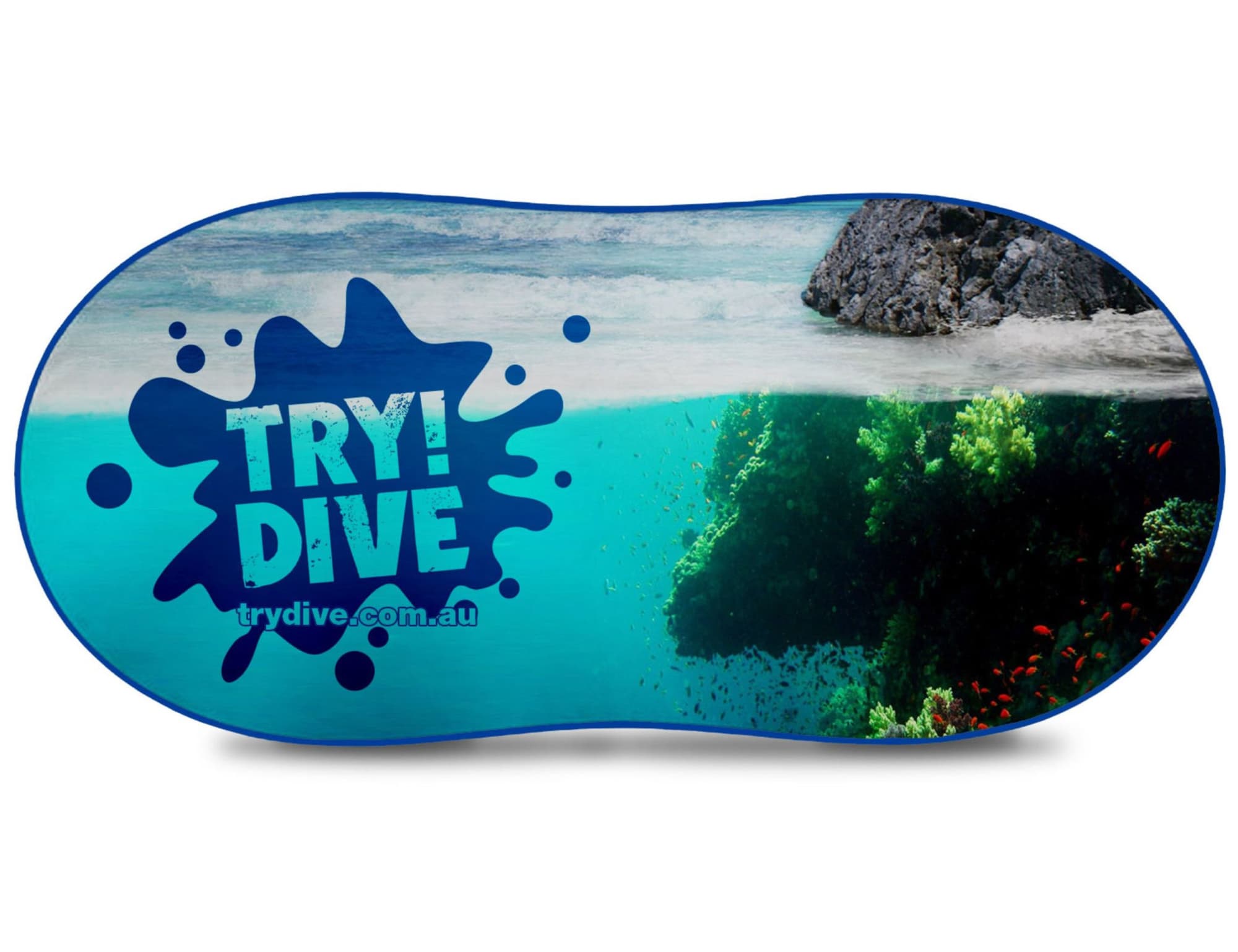 A full-colour sunshade featuring a vibrant underwater scene with fish and coral, and a blue land outline above water.