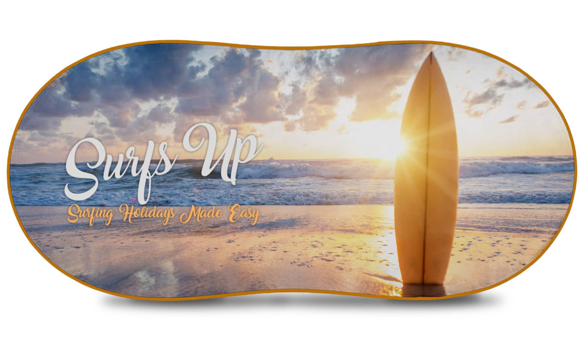 A full-colour sunshade featuring a surfboard on a beach at sunset with 