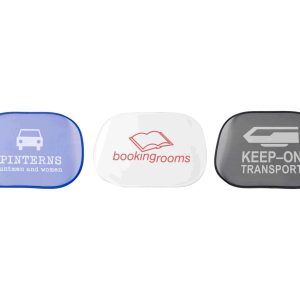 Three sunshades in blue, white, and grey, each featuring different designs and a logo.
