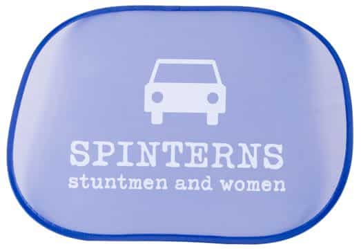 A light blue sunshade with a car graphic and white text, featuring a branded logo.