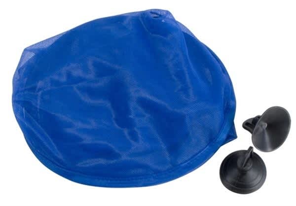 A blue sunshade with two black suction cups, designed for outdoor use.