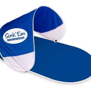 A blue sunshade with white accents, featuring a logo, suitable for leisure outdoors.
