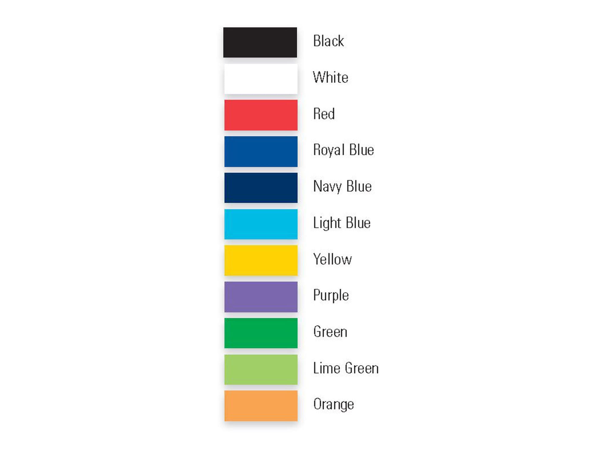 A colour swatch featuring black, white, red, royal blue, navy blue, light blue, yellow, purple, green, lime green, and orange.