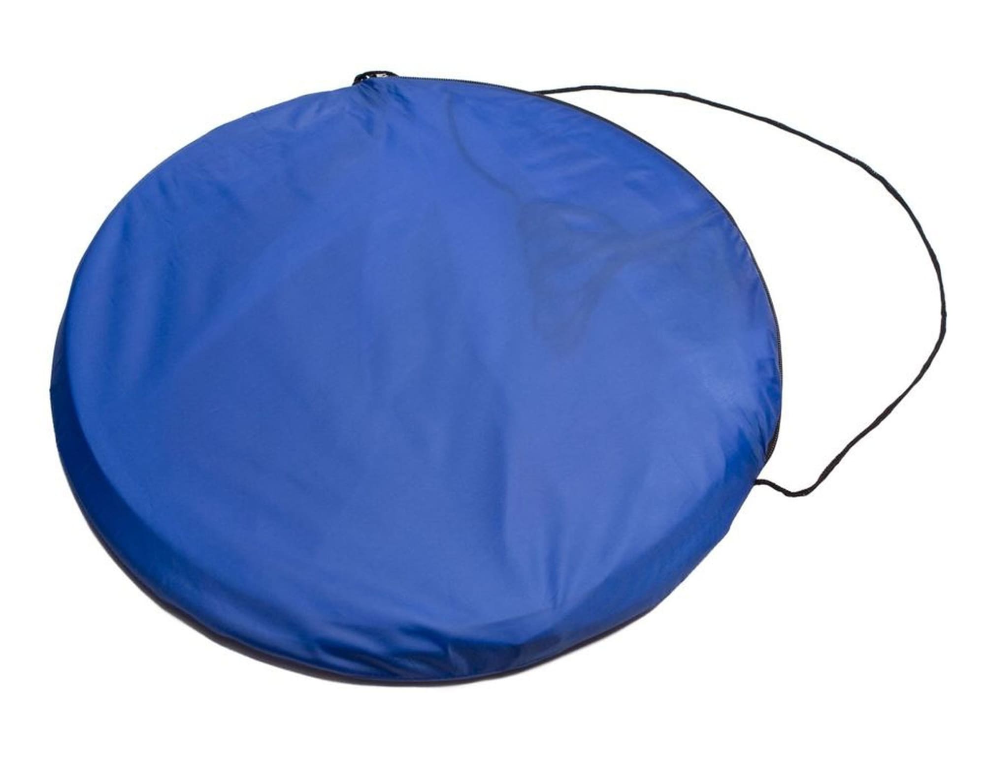 A round blue sunshade with a drawstring, designed for outdoor leisure use. It features a branding logo.