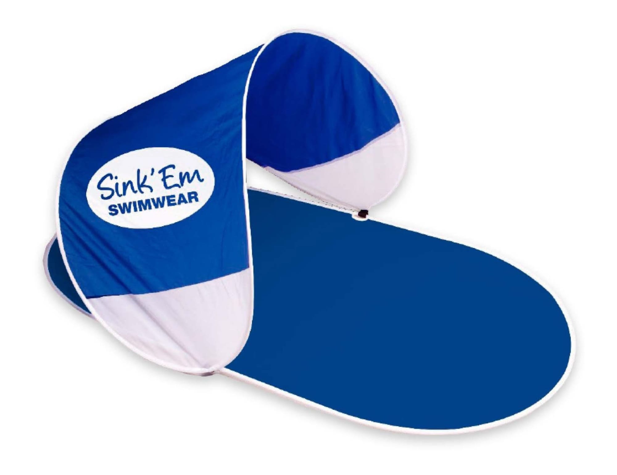 A portable sunshade featuring blue and white fabric, with an attached branding logo, ideal for outdoor leisure.