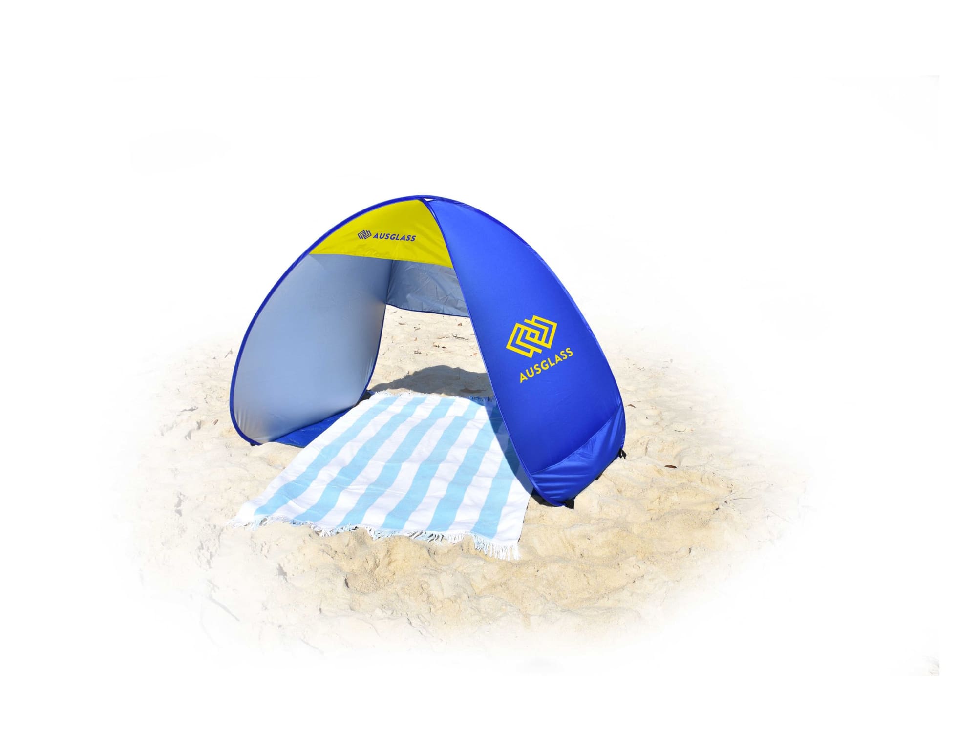 A blue and grey pop-up beach shelter with a striped towel on sand, featuring a logo.