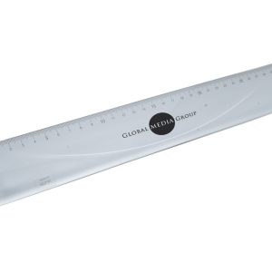 A transparent ruler with measurement markings, featuring a logo in the centre. It measures approximately 30 cm in length.