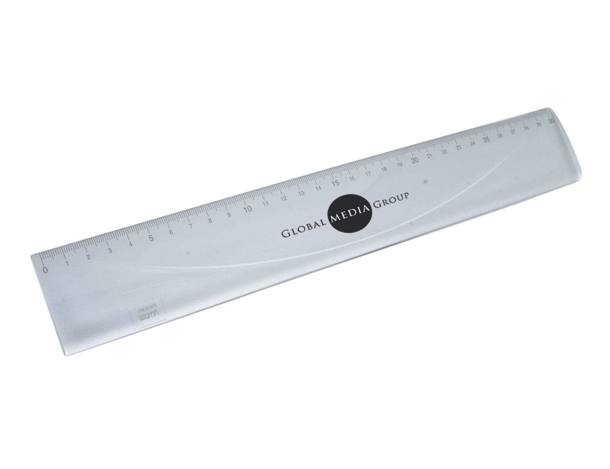 A transparent ruler with measurement markings, featuring a logo in the centre. It measures approximately 30 cm in length.