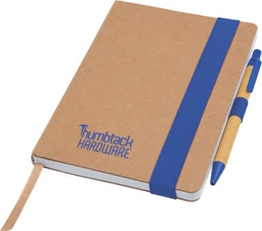 A notepad with a brown cover and a blue elastic band, accompanied by a yellow pen. It features a logo on the front.