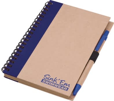 A notepad with a brown kraft cover, blue accents, a spiral binding, and a blue pen attached. It features a logo.