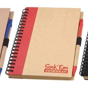 A set of three notepads featuring a natural cover, available in blue, red, and black, with spiral binding and a logo.