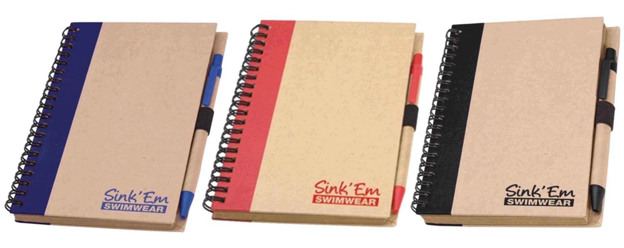 A set of three notepads featuring a natural cover, available in blue, red, and black, with spiral binding and a logo.