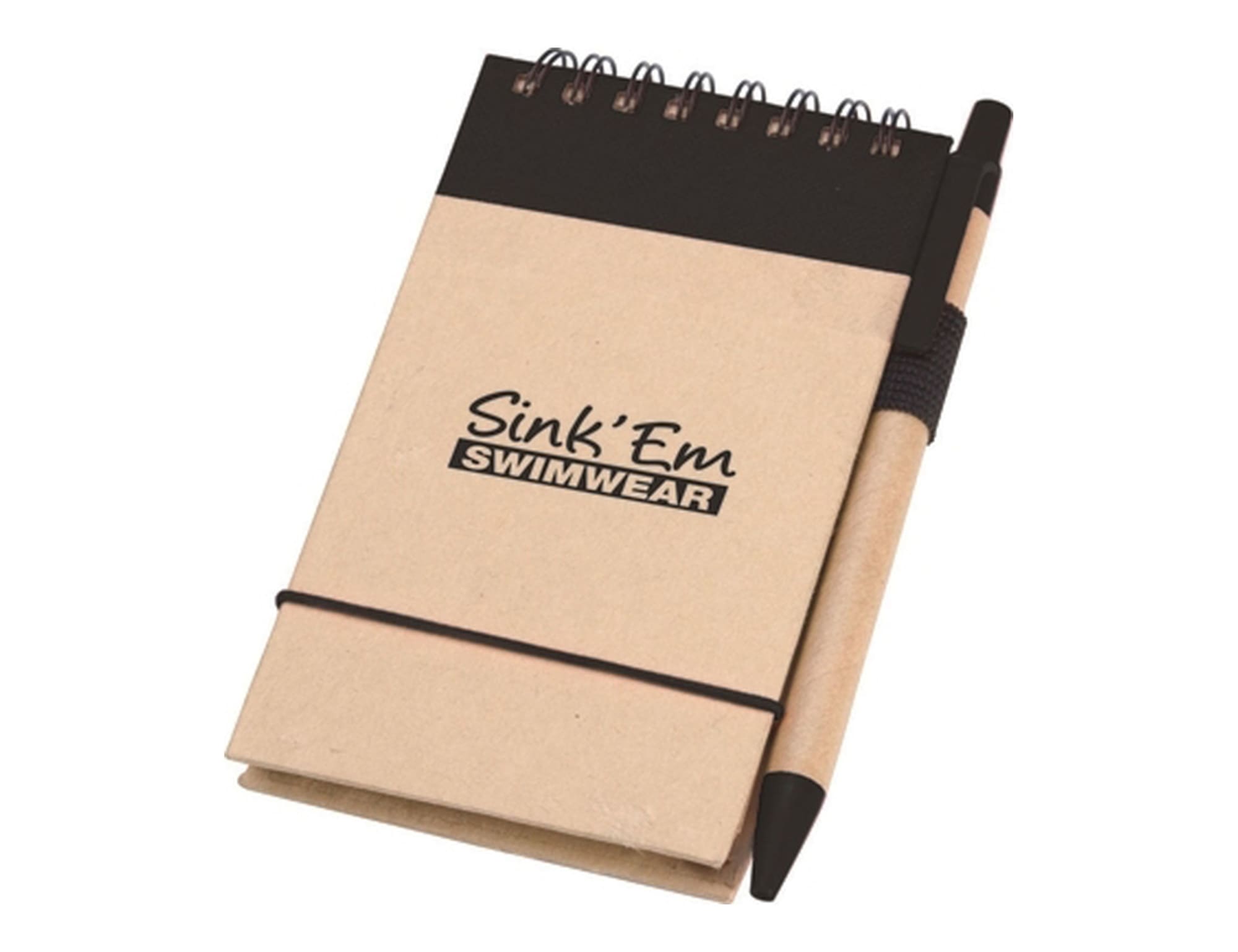 A compact notepad in brown with a black top and a matching pen, featuring a logo.