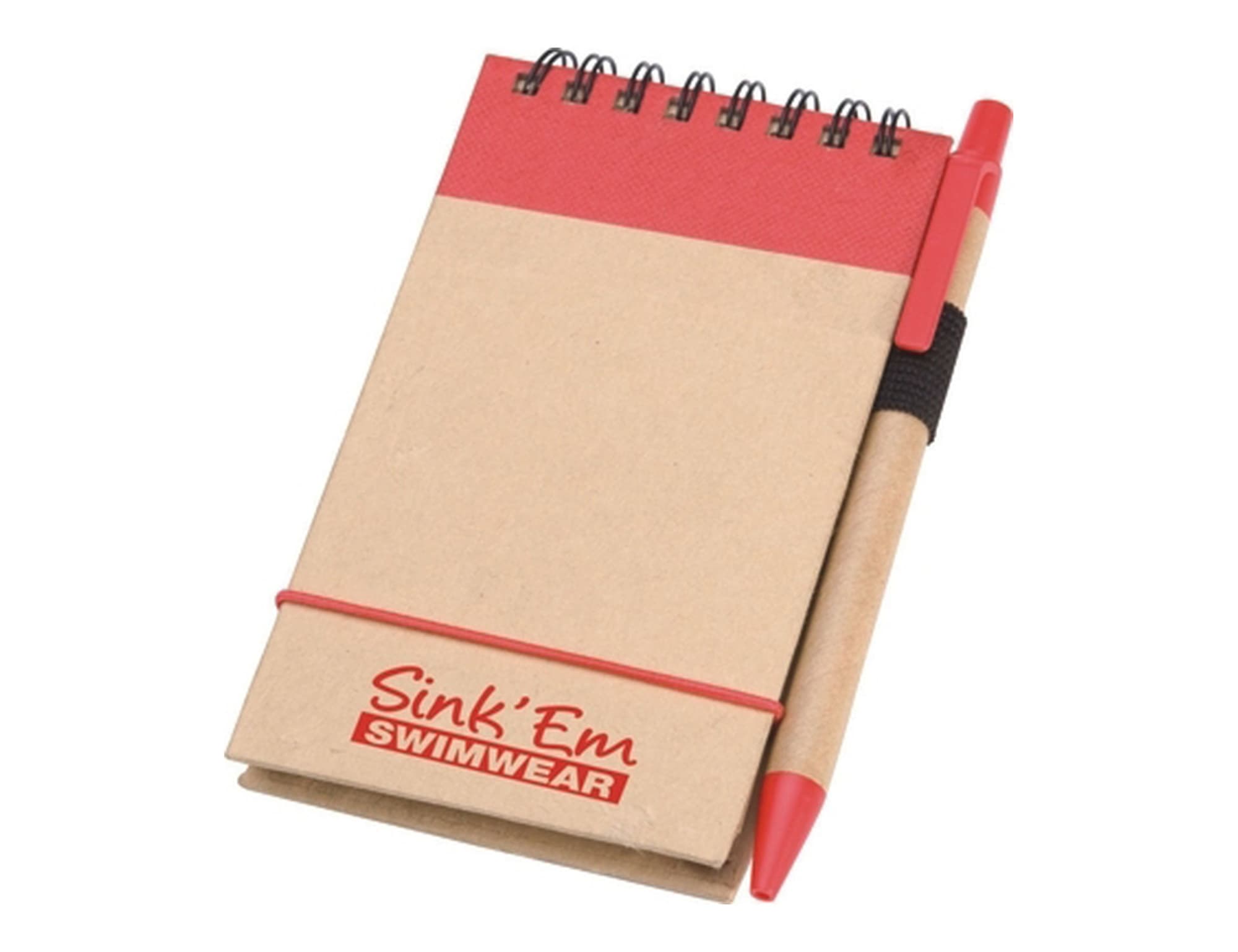 A notepad with a red top, brown cover, and a pen attached via an elastic band. It features a logo on the cover.