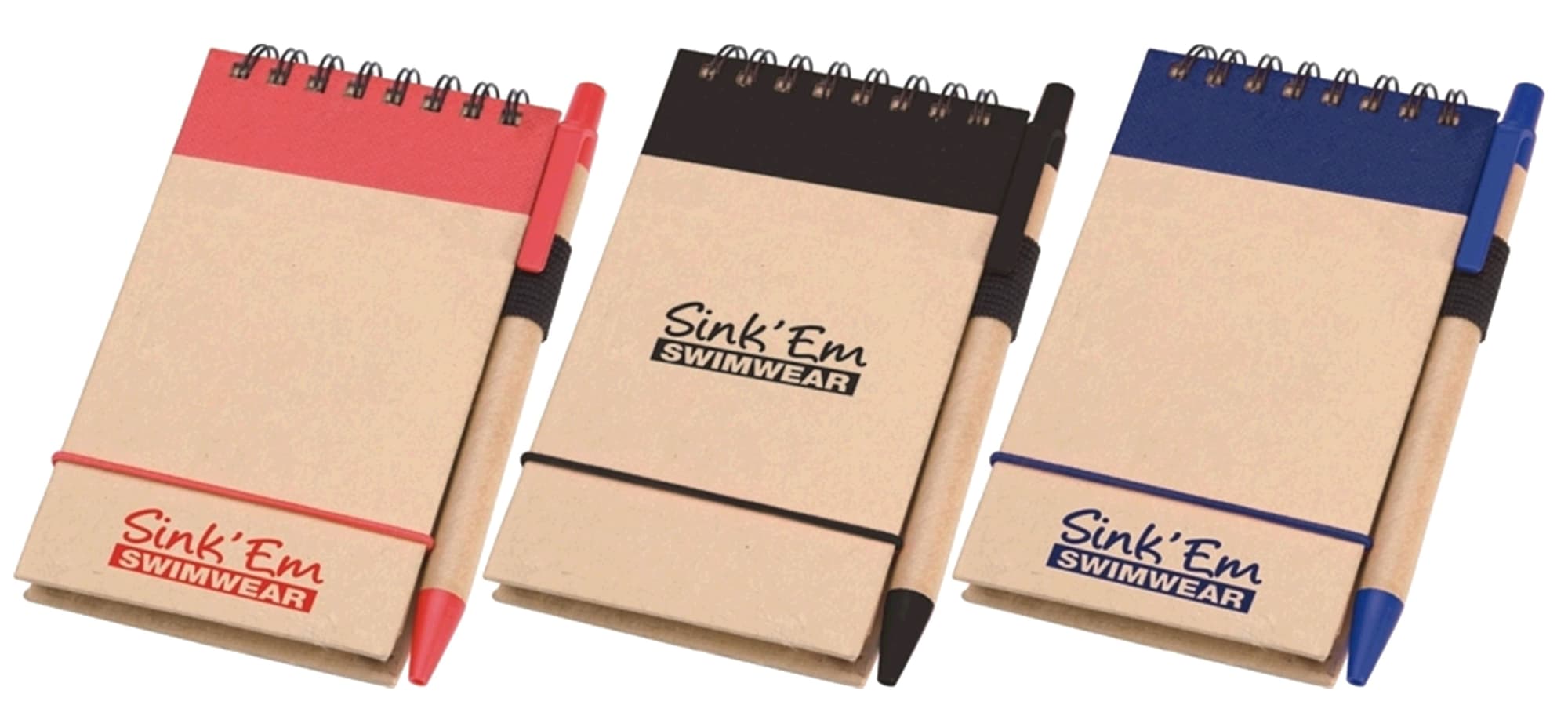 A notepad set featuring three colours: red, black, and blue, each with a matching pen and a logo.