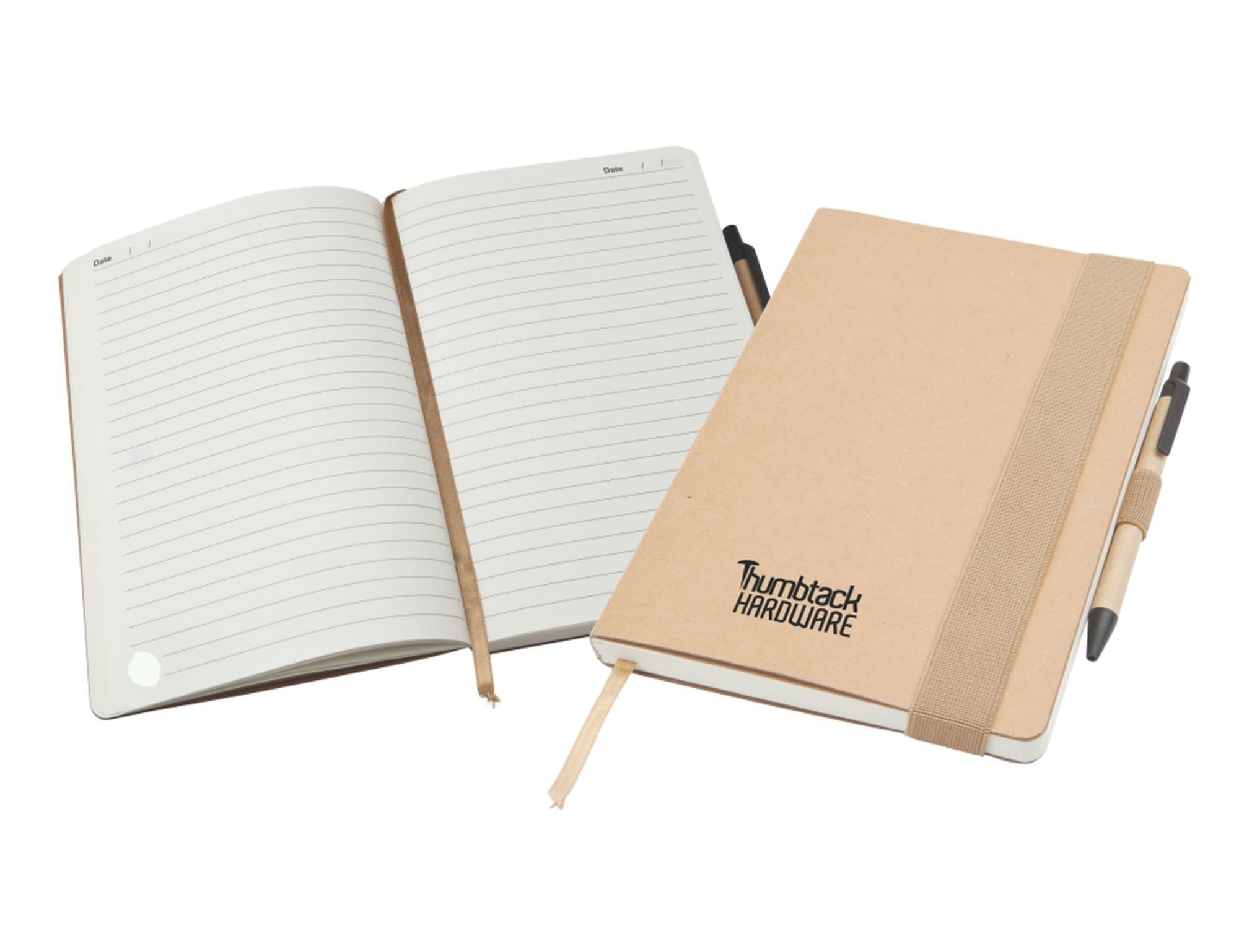 A large A5 natural notepad with lined pages, a beige cover, and an elastic band, accompanied by a pen.