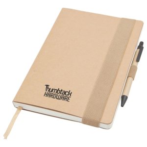 A large A5 notepad in natural tones with a pen attached and a logo on the cover.