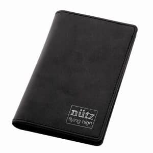 A black leather pocket jotter with a logo on the front, designed for office and business use.