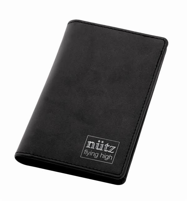 A black leather pocket jotter with a logo on the front, designed for office and business use.