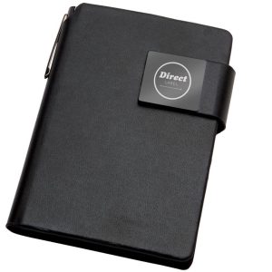 A black notebook with a clasp and a logo, designed for office use.