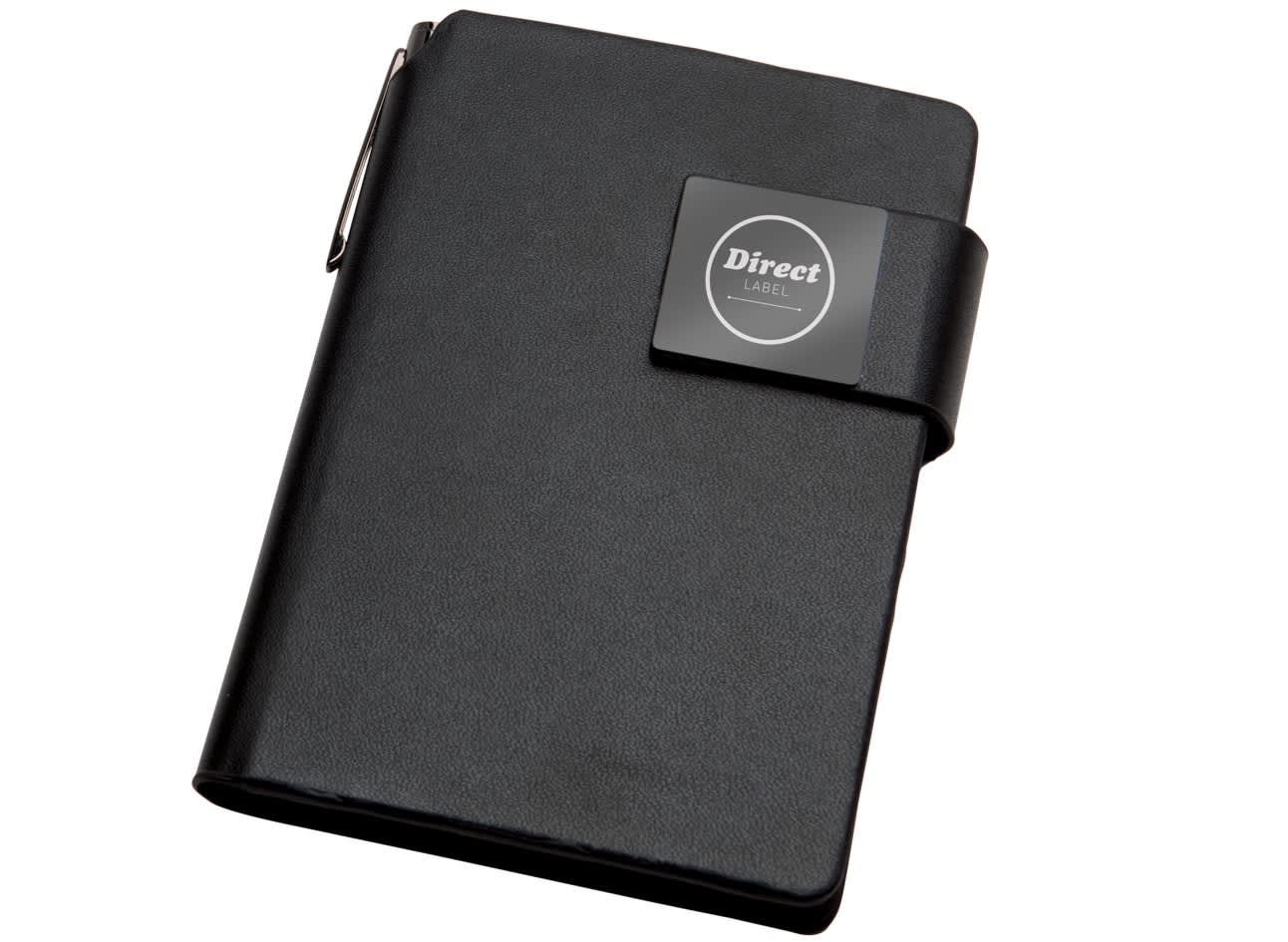 A black notebook with a clasp and a logo, designed for office use.