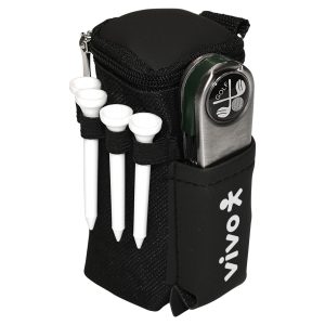 A black golf accessory pack featuring a drink bottle and space for golf tees. Includes a logo.