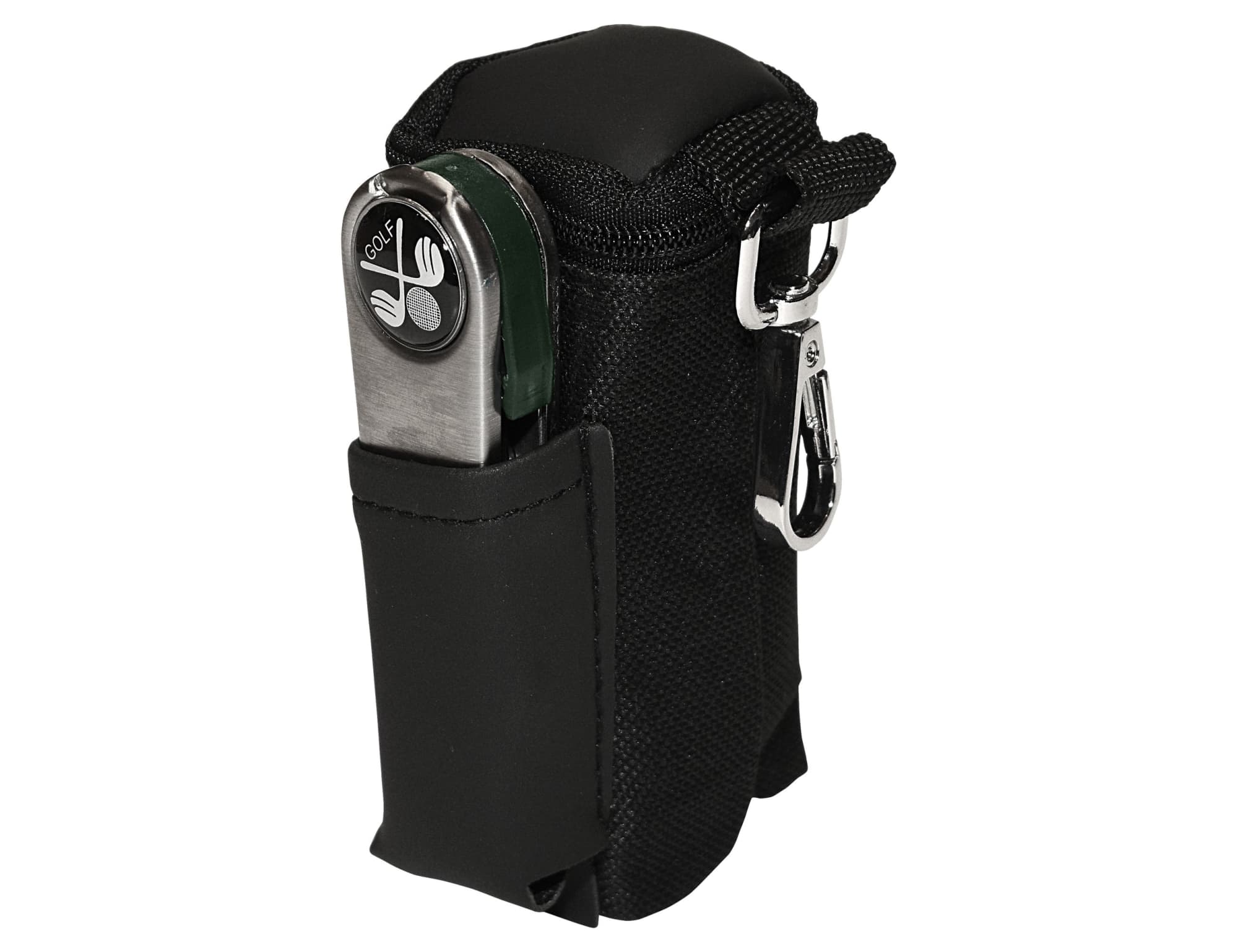 A black pouch with a clip, featuring a golf tool and a pocket, ideal for golfers. It has a logo on the front.
