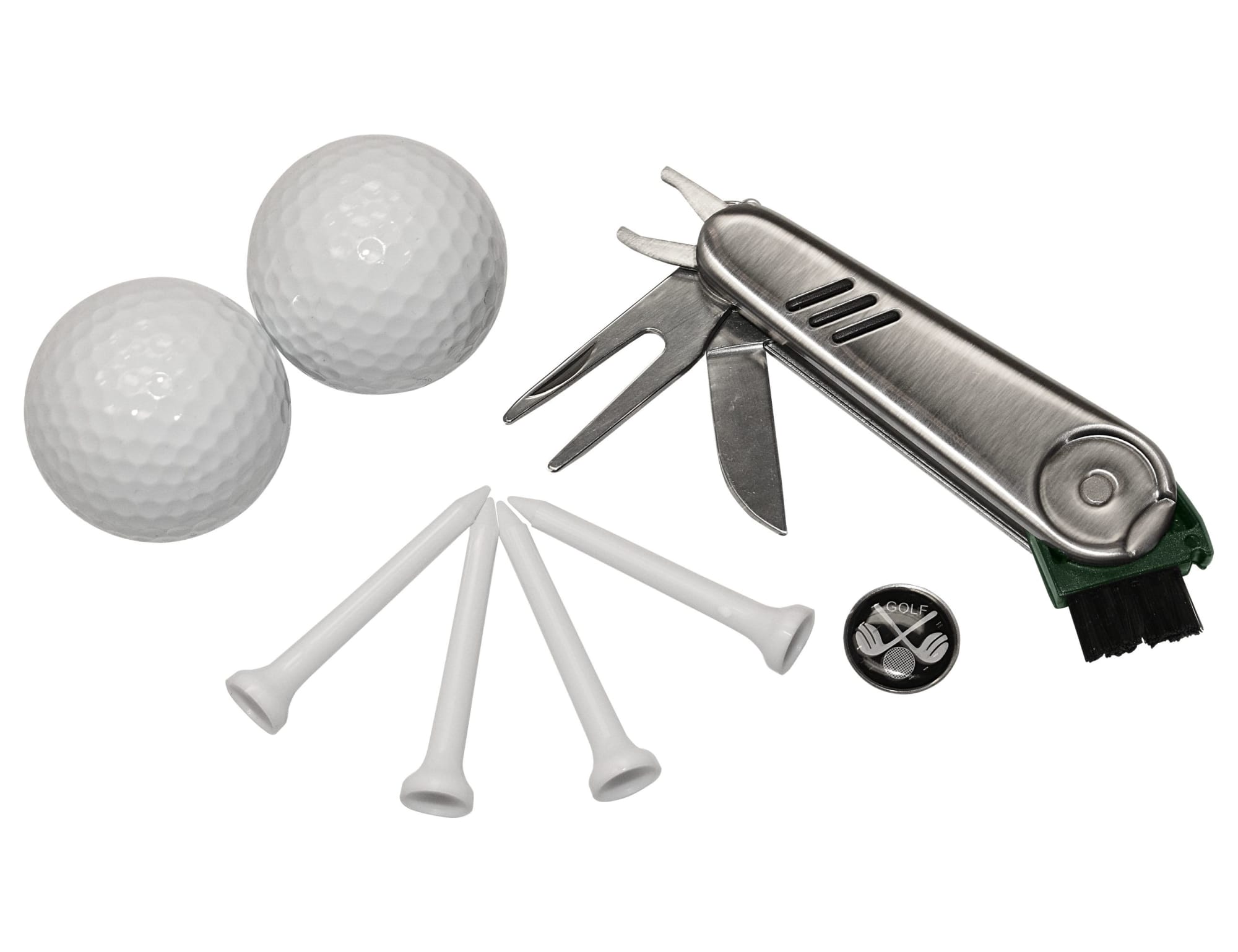 A grey multi-tool, two white golf balls, four white tees, and a brush with a logo.