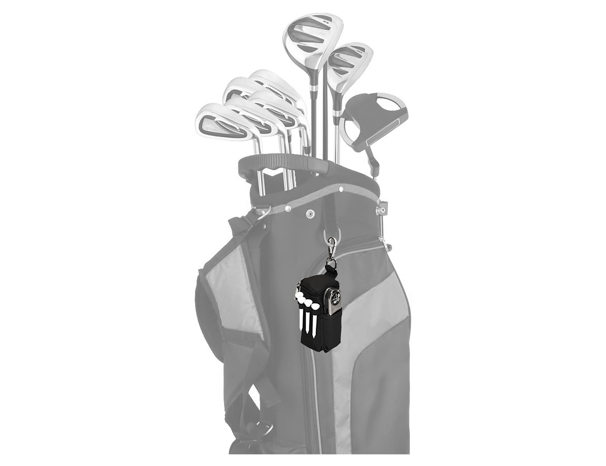 A golf bag featuring clubs and a black and white themed accessory with a logo.