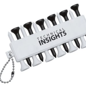 A white golf tee holder with black and white tees attached, featuring a branding logo.