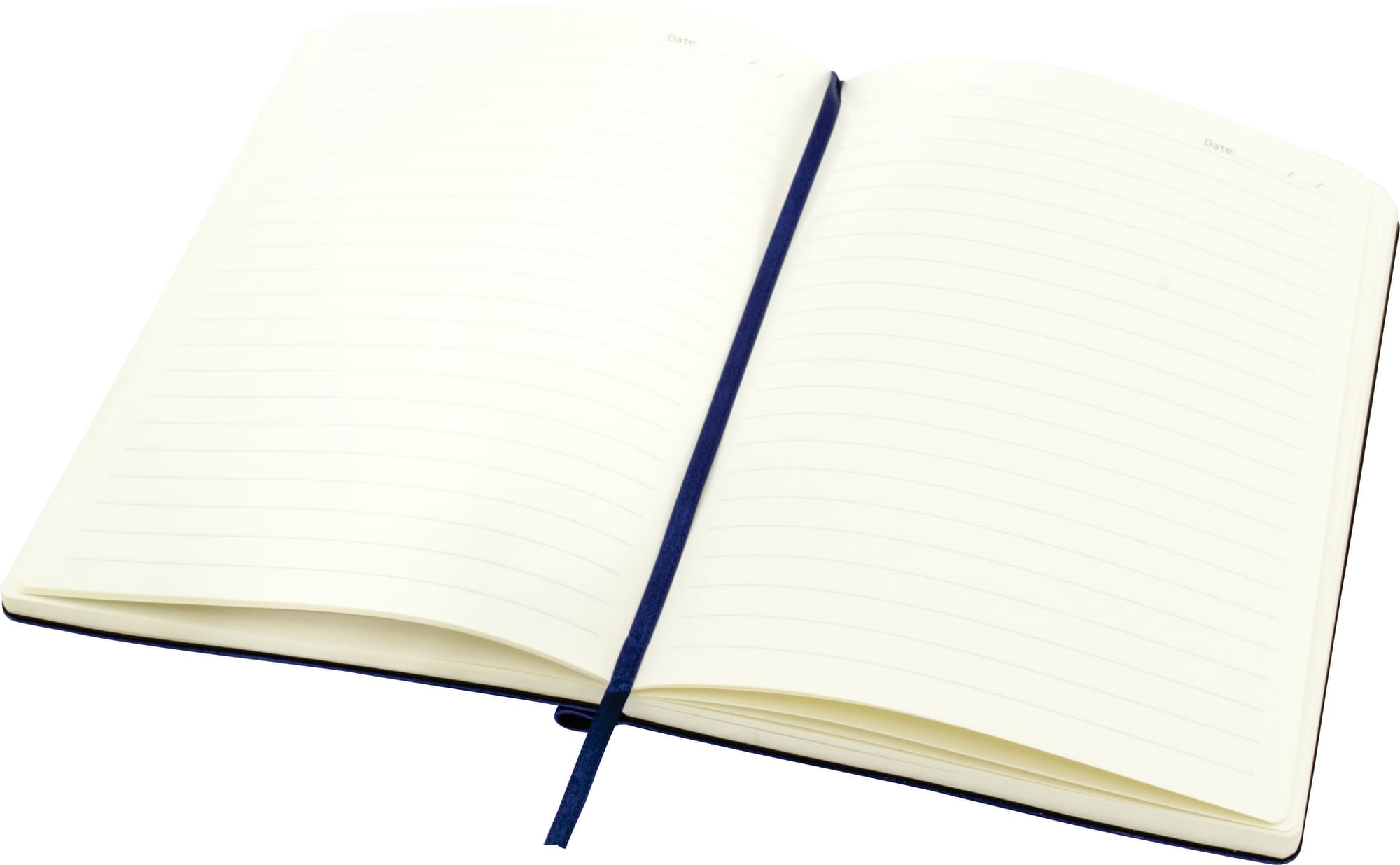 An A5 notebook with a navy cover, featuring blank lined pages and a matching ribbon bookmark.