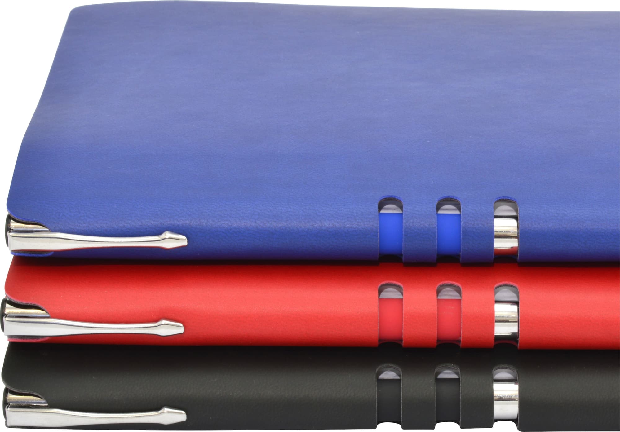 Three A5 notebooks displayed in blue, red, and black, featuring silver accents and a sleek design.