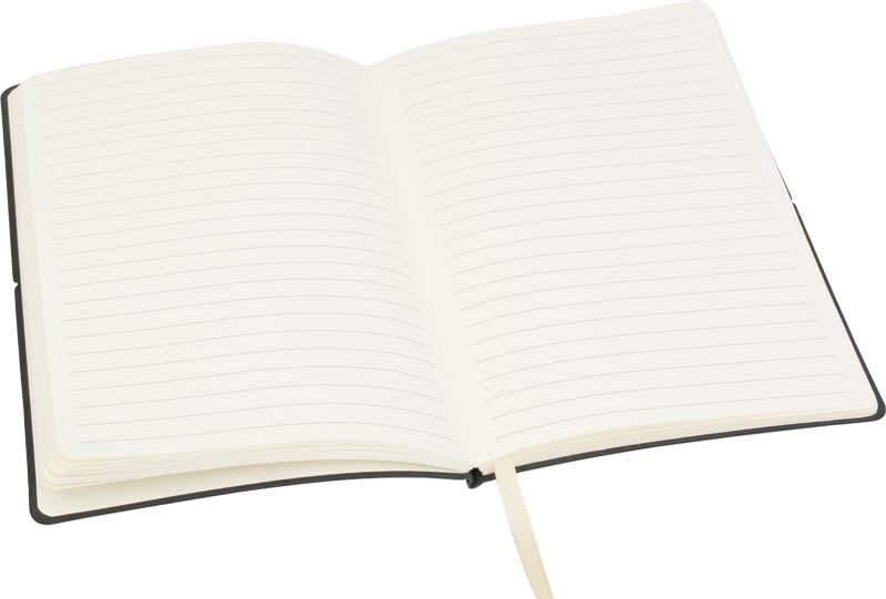 A black Tango A5 notebook with lined pages and a ribbon bookmark, open to reveal the blank interior.