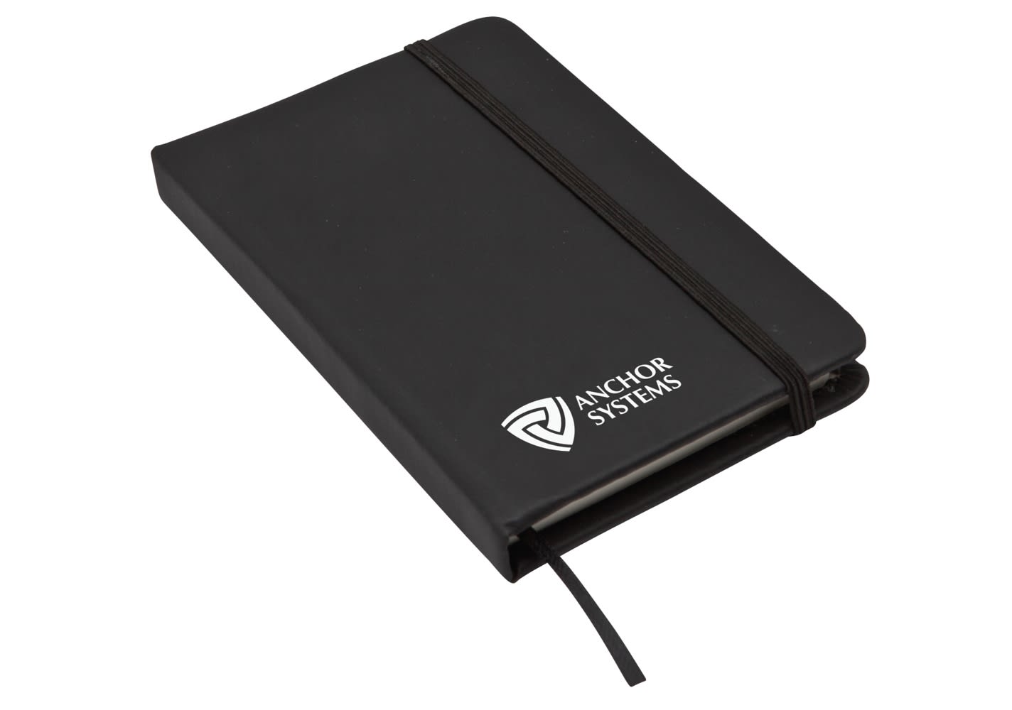 A black notebook with an elastic band closure and a logo on the cover. It features a ribbon marker inside.