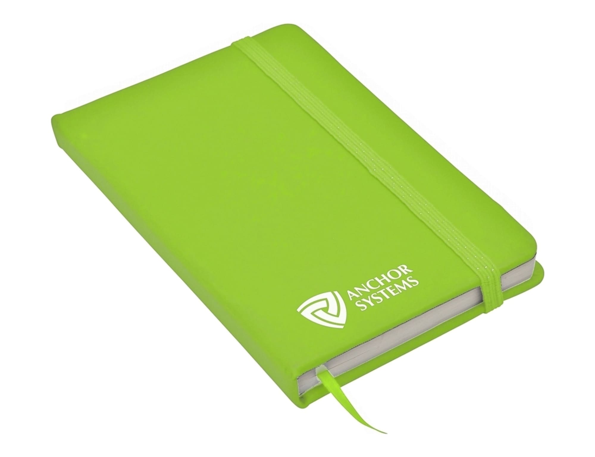 A bright green notebook with a ribbon bookmark and an elastic closure, featuring a logo on the cover.