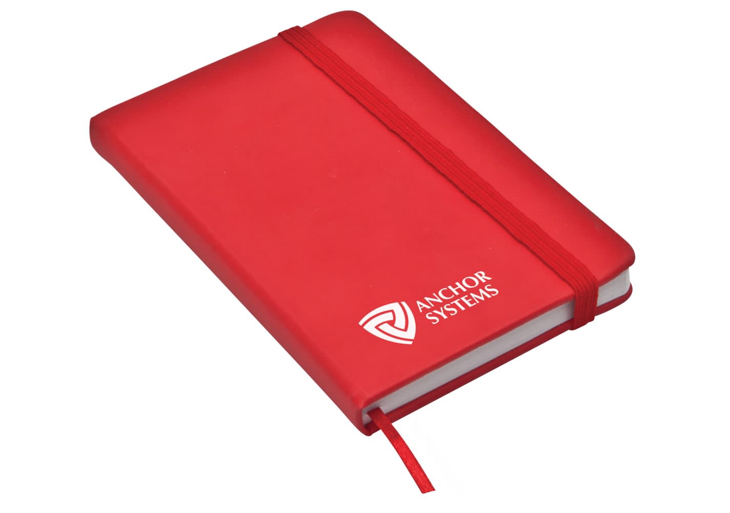 A red notebook with an elastic strap, featuring a logo on the cover.