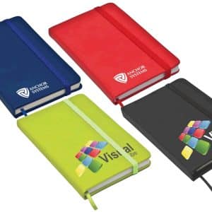 Four notebooks in blue, red, green, and black, featuring logos and elastic closures. The green notebook is prominently displayed.