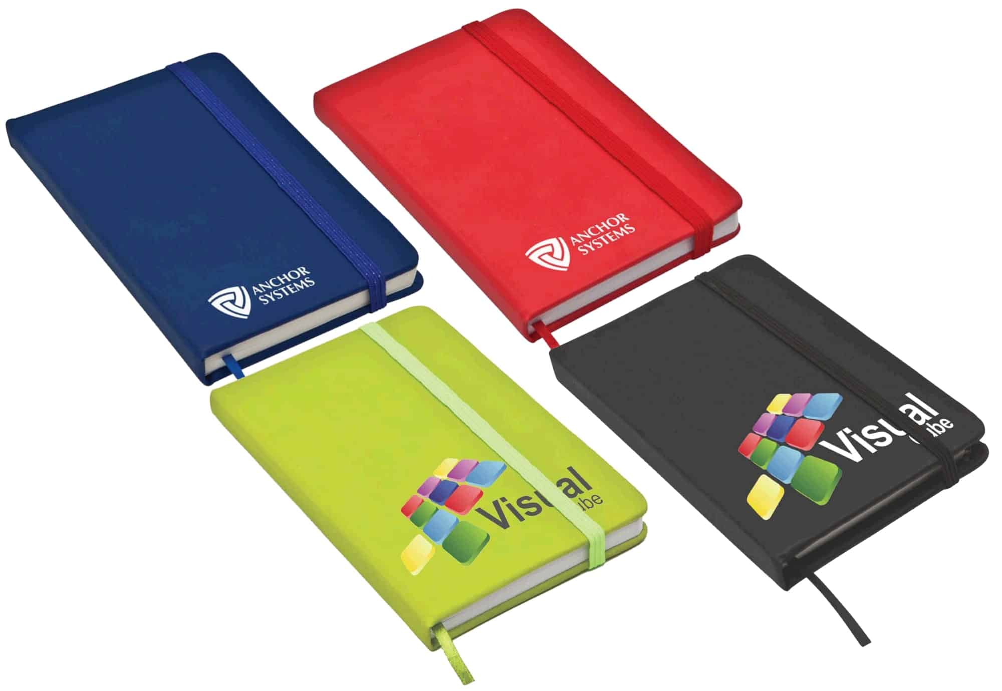 Four notebooks in blue, red, green, and black, featuring logos and elastic closures. The green notebook is prominently displayed.