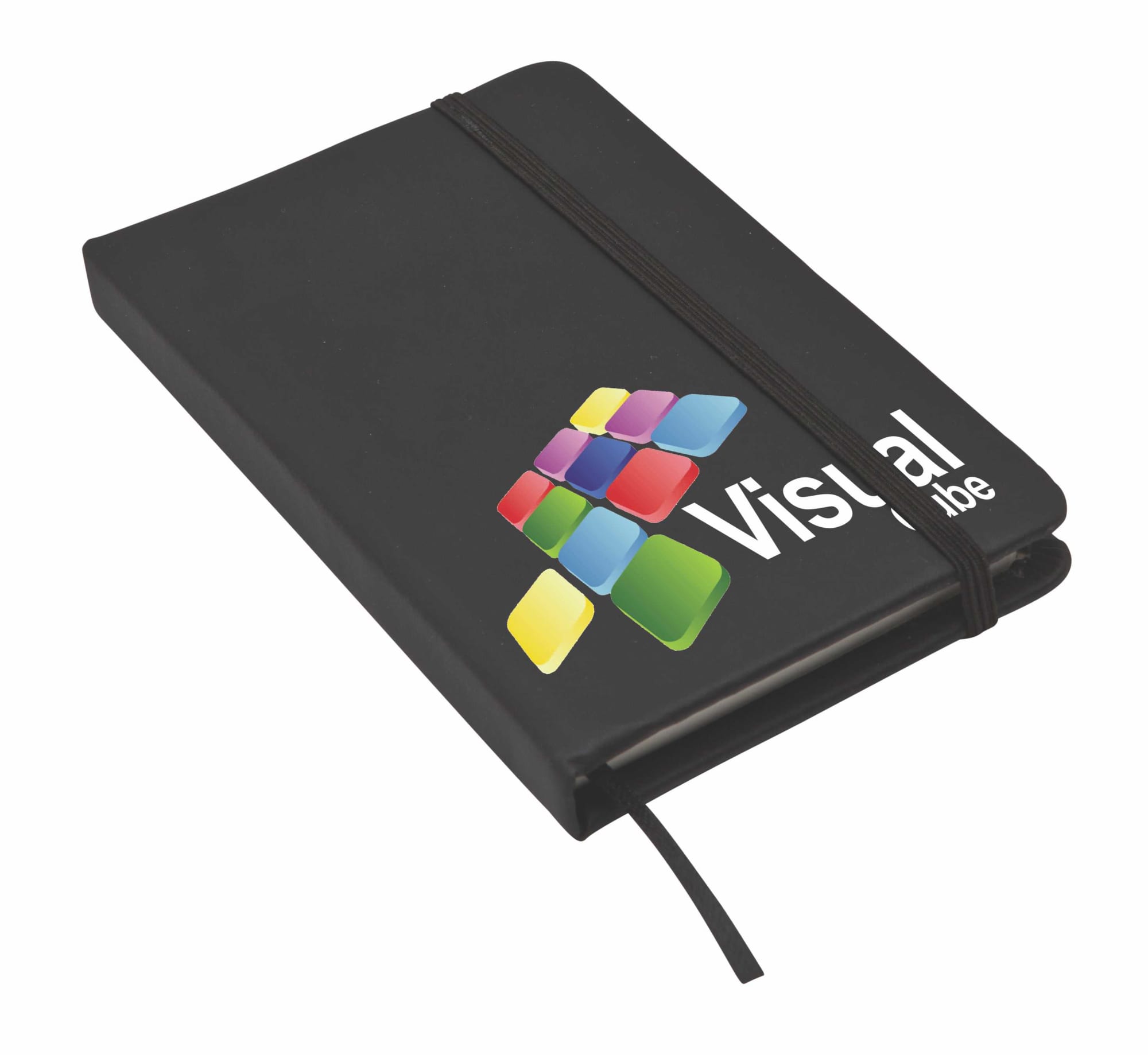 A black notebook with an elastic band and a multicoloured logo on the cover.