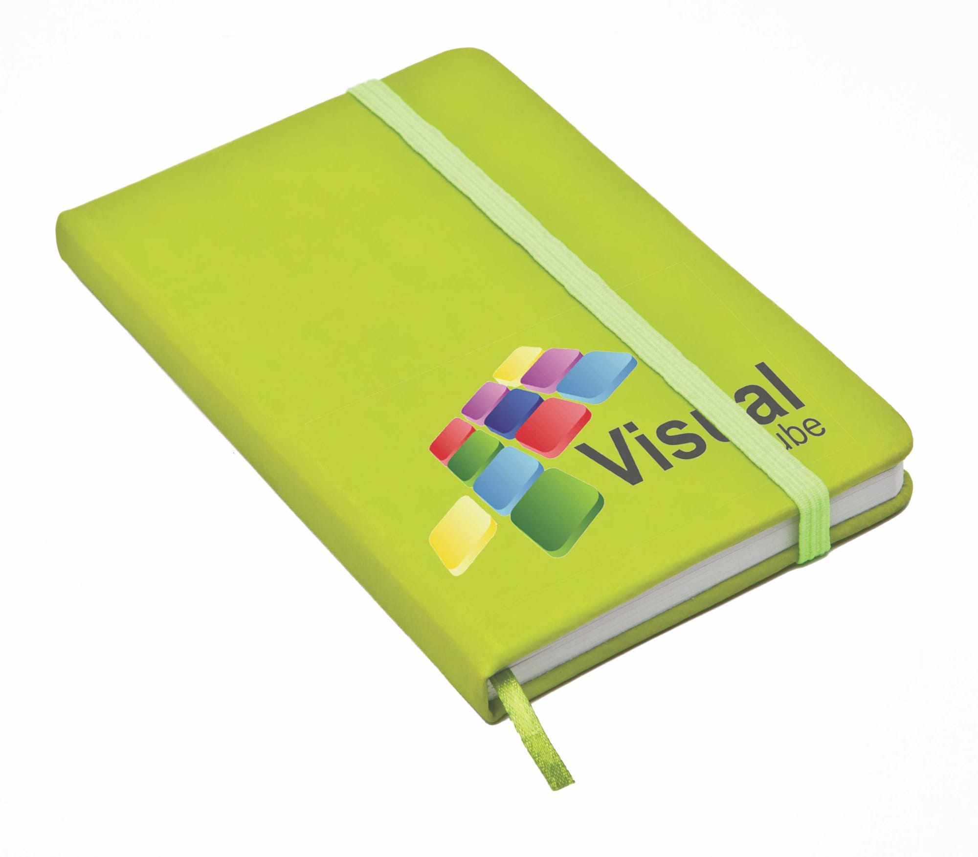 A green notebook with a textured cover and an elastic band, featuring a logo on the front.