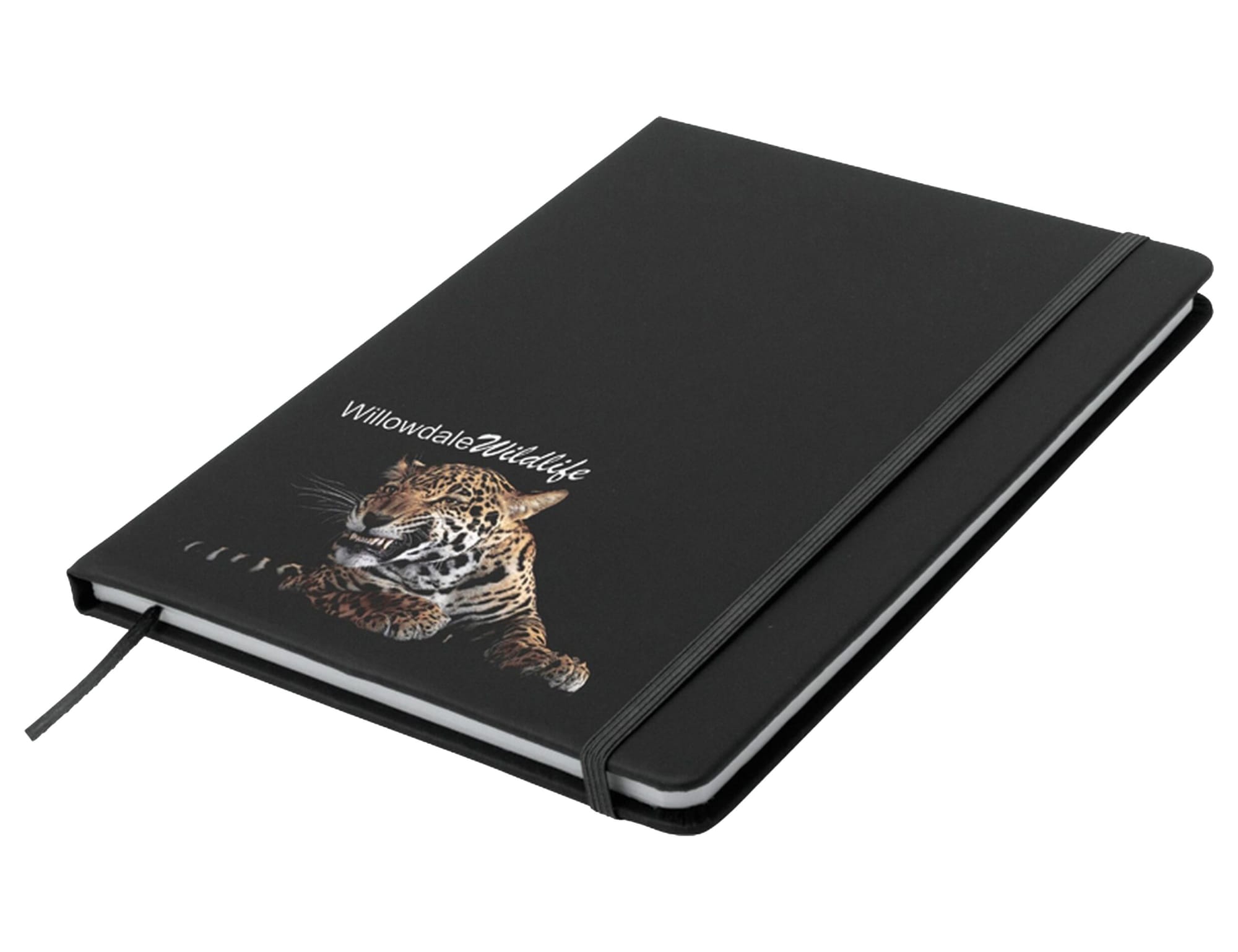 A black A5 notepad with an elastic band, featuring a tiger image and a logo.